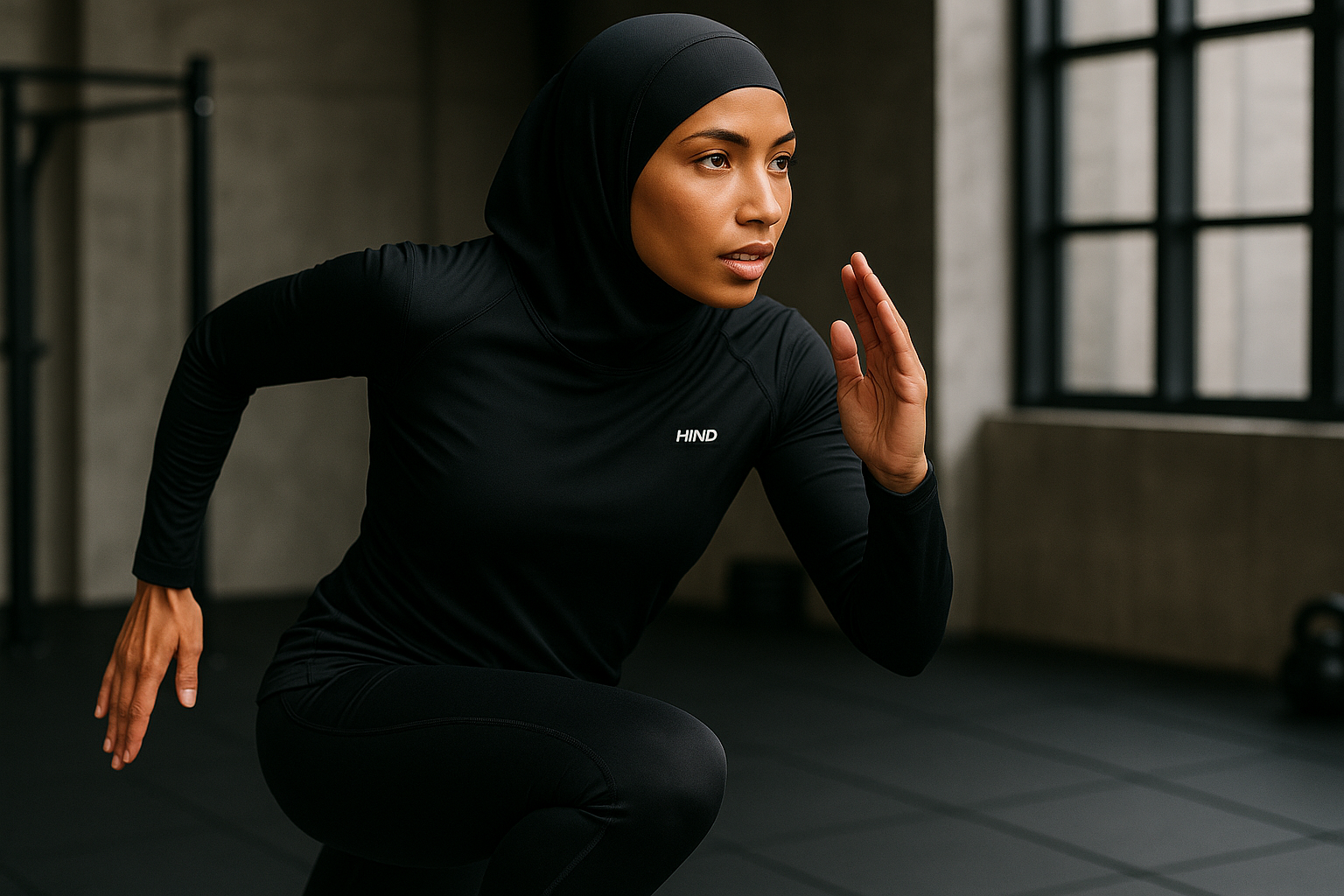 Femme sportive avec hijab noir et logo HIND